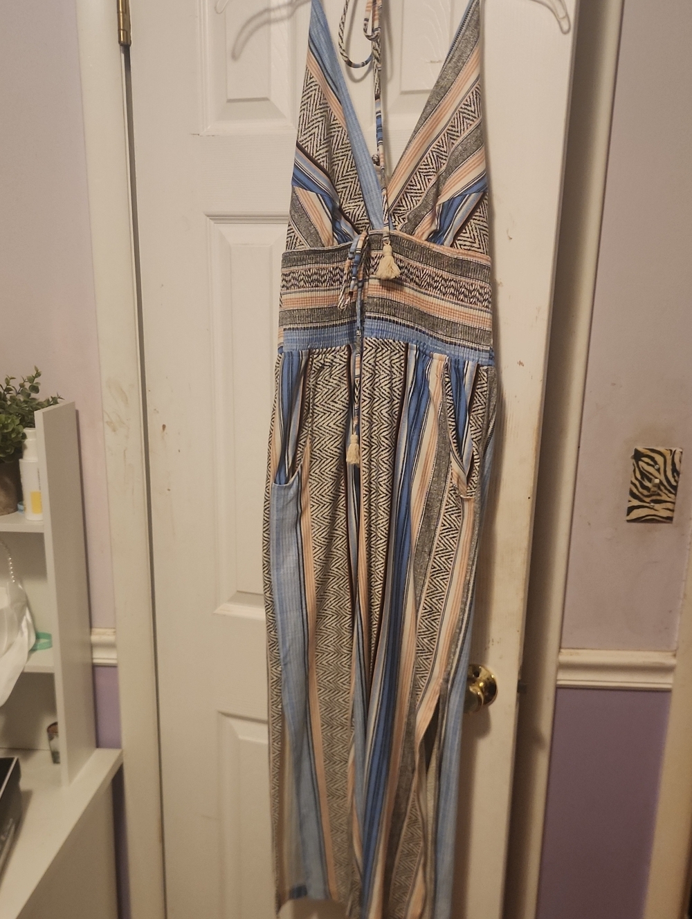 VENUS Blue and Tan Striped Halter Jumpsuit